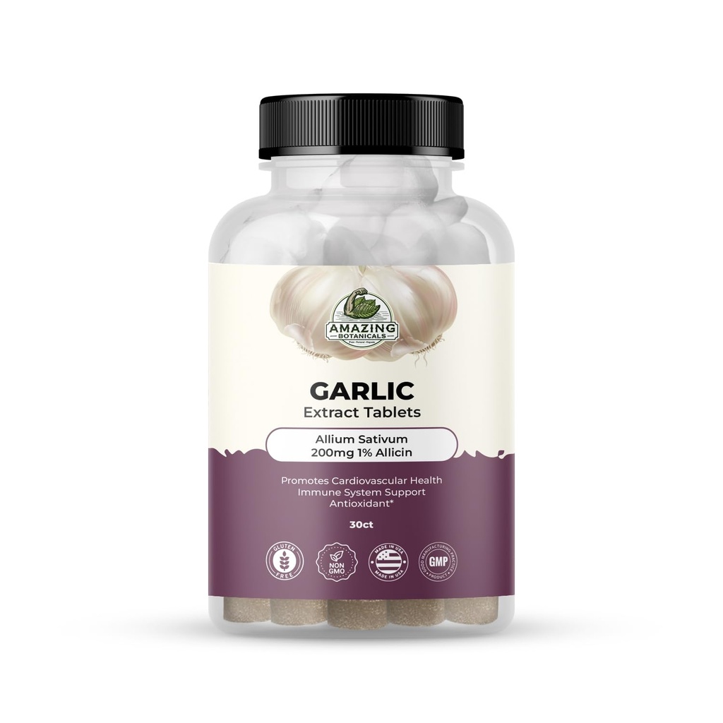 Amazing Botanicals küüslauguekstrakti tabletid - Allium Sativum 200mg, 1% Allicin - kõrge potentsi Taimne toidulisand heaolu ja elujõu - 30 Count