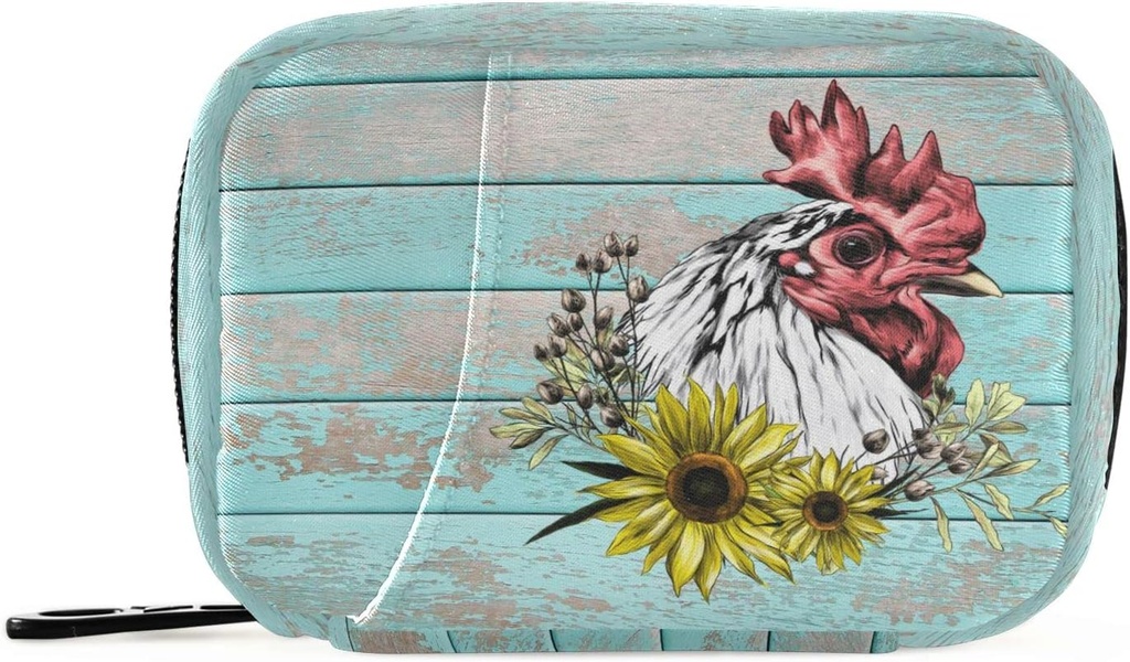 Pill Box Wooden Rooster Päevalille Pill Box 7 Day Pill Case kott Reisi pillid Korraldaja kott Zipper Portable Weekly Case Compact Suurus Vitamiini täienduse hoidja