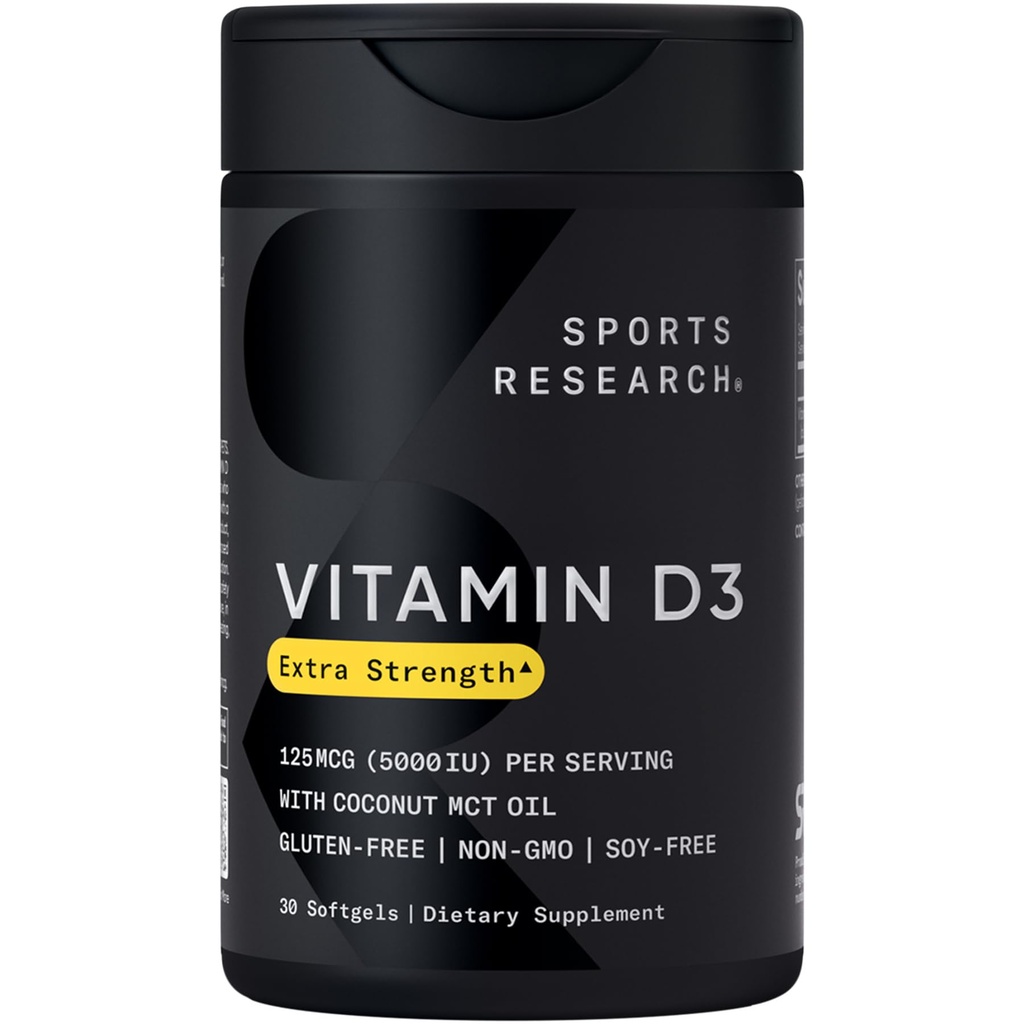 Spordiuuringud Vitamiin D3 5000 RÜ kookospähkli MCT õliga - kõrge tugevusega D-vitamiini lisand immuunsuse ja luude toetamiseks - GMO-ga mittekontrollitud, gluteeni ja sojavaba - 125mcg, 30 vedelat Softgels