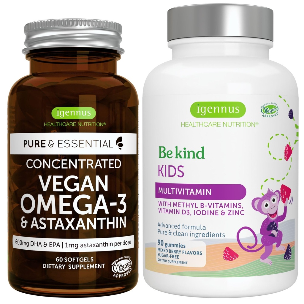 Vegan Omega-3 vetikaõli + Advanced Kids Multivitamiin Gummy Bundle, kõrge kontsentratsiooniga DHA & EPA + vitamiin A, B, C, D3 & E, puhtad koostisosad 60 softgels + 90 Berry Flavor Gummies, autor Igennus
