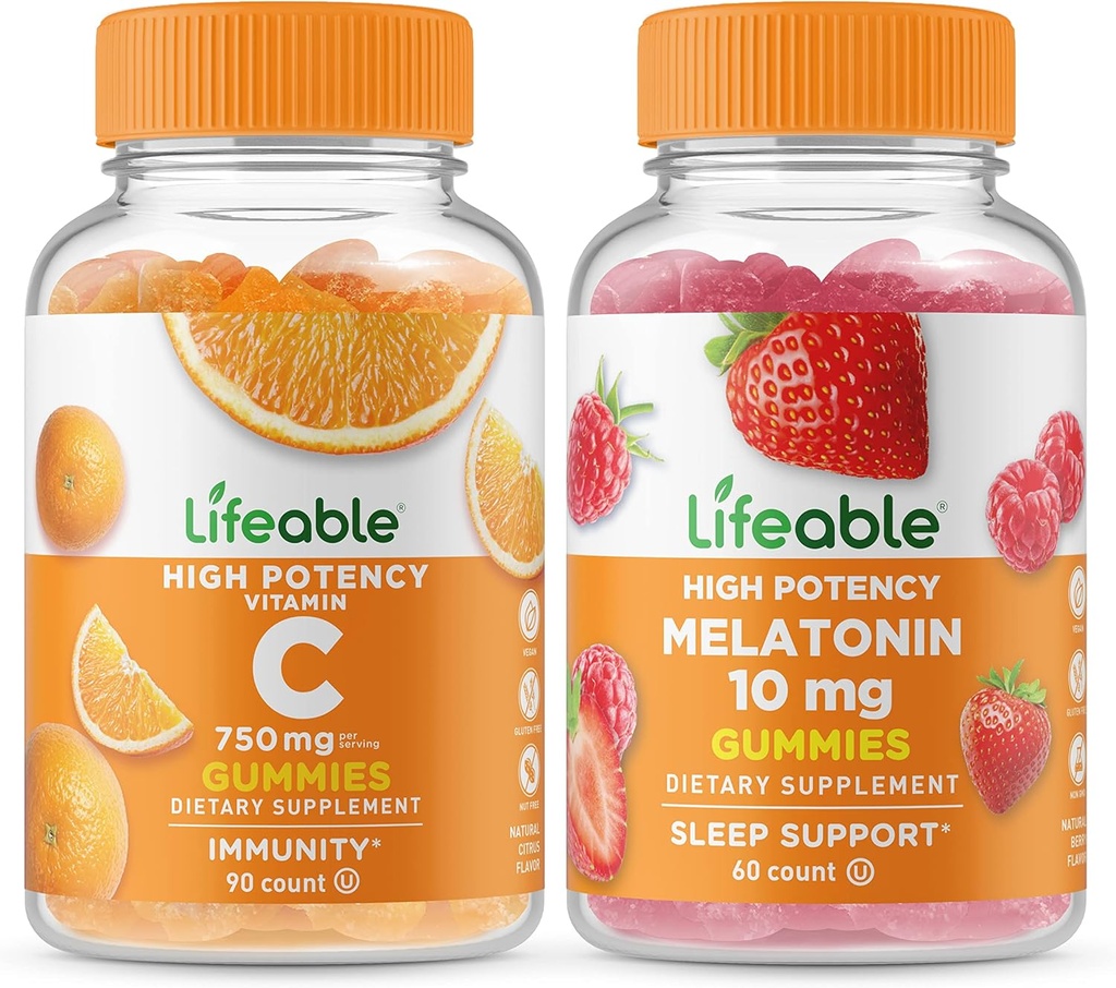 Elujõuline C-vitamiin 750mg + melatoniin 10mg, Gummies Bundle - suurepärane maitse, vitamiinilisand, Gluteenivaba, GMO-vaba, närimiskumm