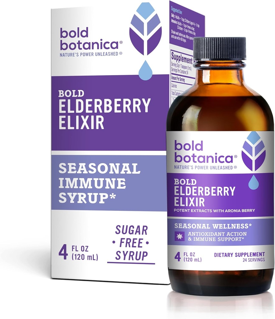 Bold Botanica Elderberry Elixir - 65x kontsentreeritud ekstrakt - suhkruvaba - Kid Friendly - Black Elderberry Syrup koos Aronia Berry immuunsüsteemi toetuseks - 4 Fl. Oz.