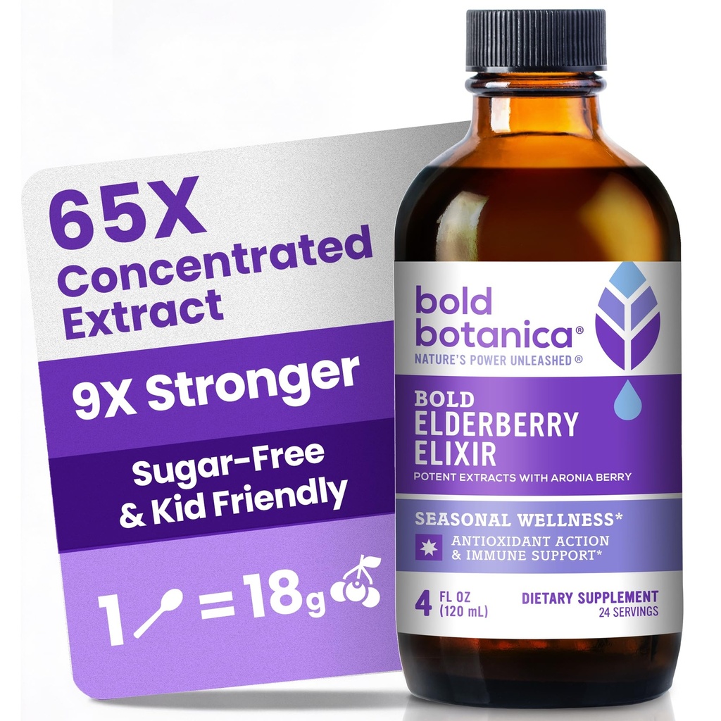 Bold Botanica Elderberry Elixir - 65x kontsentreeritud ekstrakt - suhkruvaba - Kid Friendly - Black Elderberry Syrup koos Aronia Berry immuunsüsteemi toetuseks - 4 Fl. Oz.