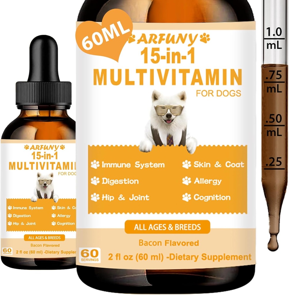 15 in 1 Multivitamiin koertele - Koer Multivitamiin Vedelik Tugi Ühine, Soolestiku Ja Immuunsuse Tervis - Koerte Seedimine, Süda, Naha Ja Coat Tervis - Vitamiinilisandid Kutsikale - Bacon Maitse