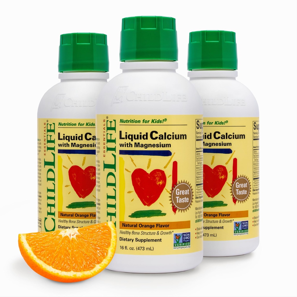 ChildLife Essentials Vedel Kaltsiumilisand lastele - Beebikaltsium magneesiumi, tsingi ja D3-vitamiiniga - oranž maitse, 16 fl oz (3 Pack)