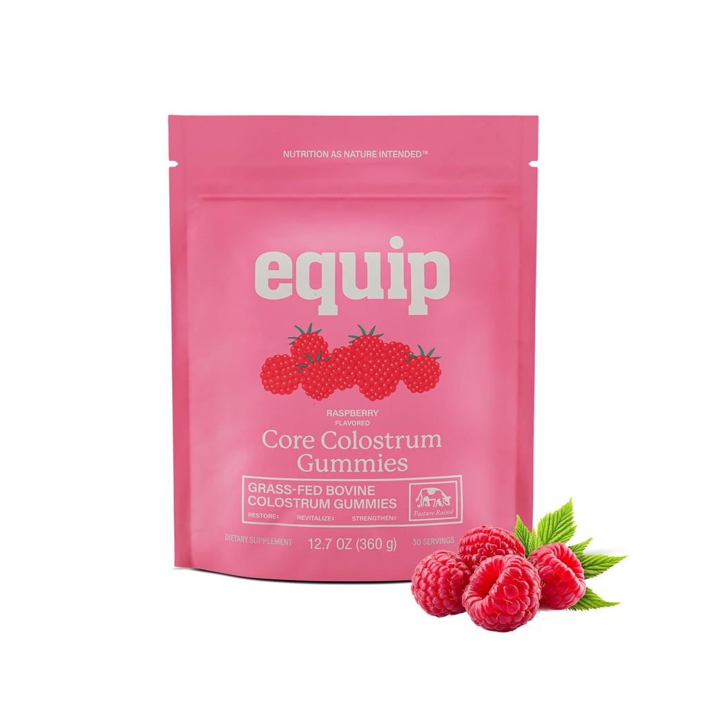 Equip Foods Core Bovine Colostrum Gummies - Maitsev 1 g Per Seving Grass Fed Colostrum Supplement - Soolestiku tervis, immuunsus, taastumine, juuksed ja nahk - 60 Veiste ternespiima Gummies, 30 Servings, Vaarika
