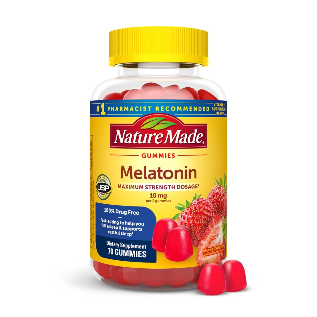 Loodus Made Melatoniin 10mg iga serveeritava kummiku kohta täiskasvanutele, maksimaalne tugevus Annus Uneabi, 100% Ravimivaba, 70 Melatoniini Gummies, 35 päeva pakkumine