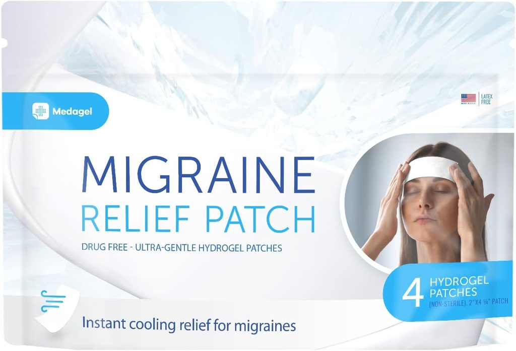 Migreen Relief Patch, Cooling Patches for Migreen, Palavik, Hormone, & Peavalud, Mess & Lõhnavaba Hydrogel Cooling, Made in The USA, 1 Pack (4 x Patches) Valge