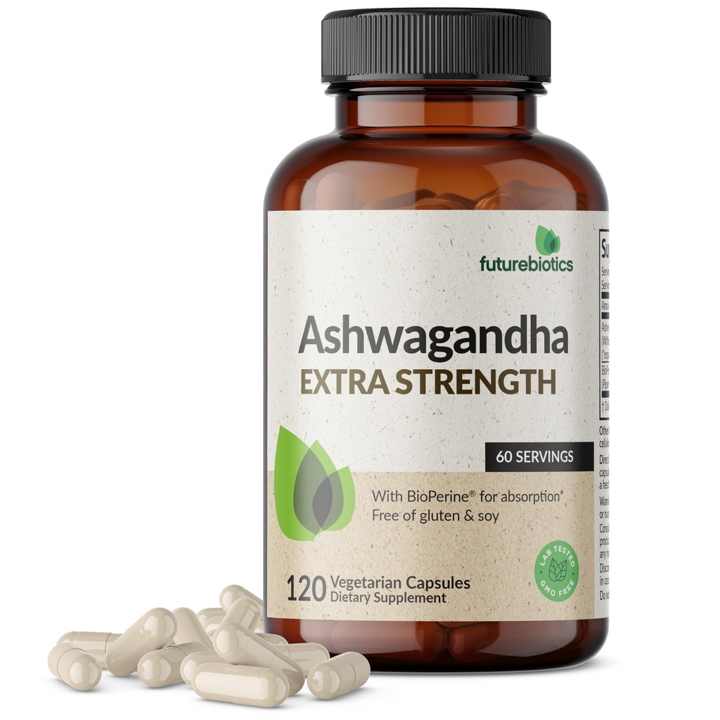Futuuribiootikumid Ashwagandha Täiendav tugevus stress ja meeleolutoetus bioperiiniga - mitte GMO valem, 120 taimekapslit