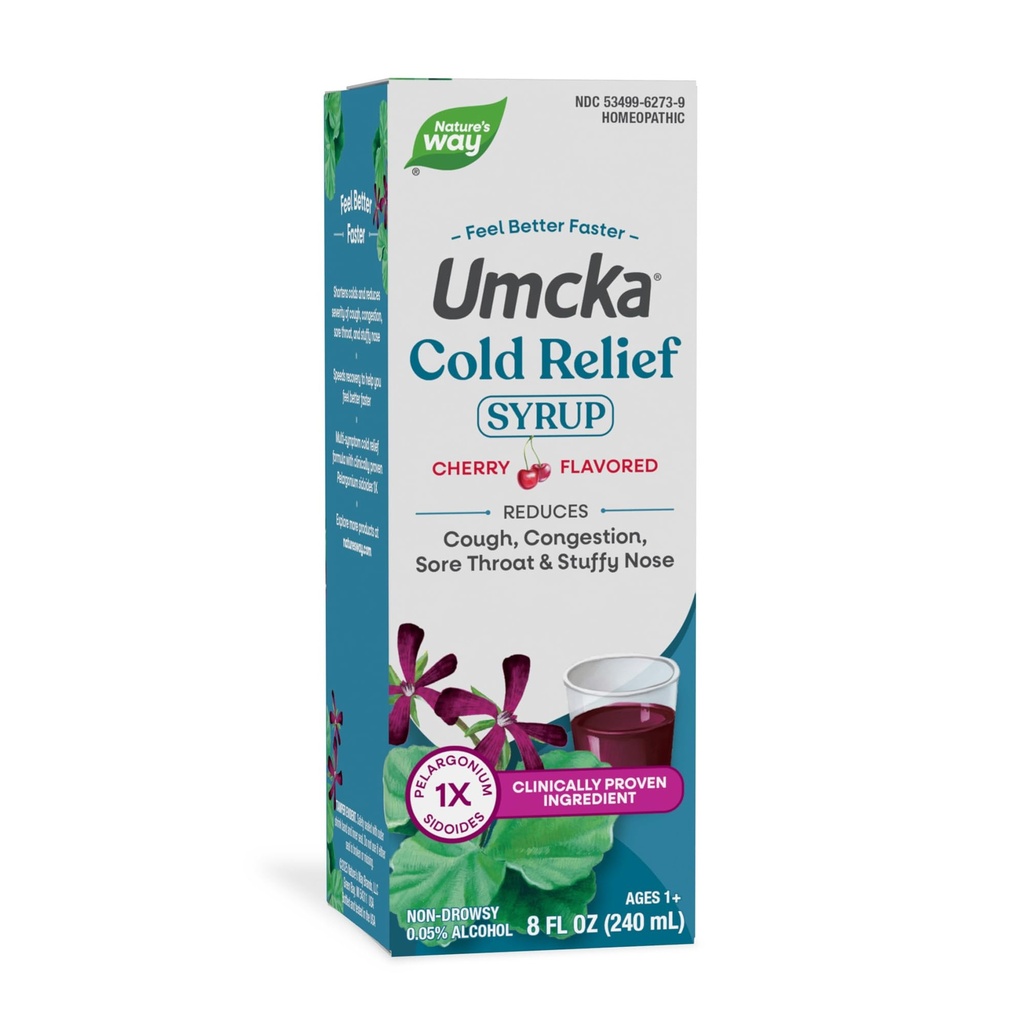 Nature's Way Cold Relief Syrup, Umcka, lühendab kestust ja vähendab raskust, mitme sümptomiga külma leevendust, homöopaatilist, fenülefriinivaba, mitte-uimas, kirsi maitsestatud, 8 Fl Oz (pakendamine võib varieeruda)