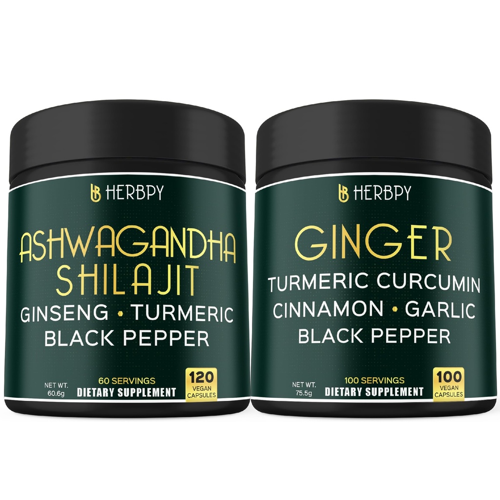 Bundle 5in1 Ashwagandha Shilajit & 5in1 ingveri lisand - südame tugi, seedimine Tervis ja immuunsüsteem