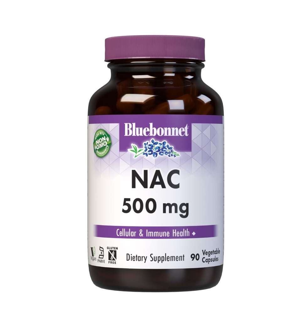Bluebonnet NAC Supplement N-atsetüül-L-Cysteine 500 mg - Antioksüdant Cellular Health & Immune Support - Free-Form Amino Acid for Women & Men - Non-GMO, Kosher, Gluten-free - 90 taimset kapslit