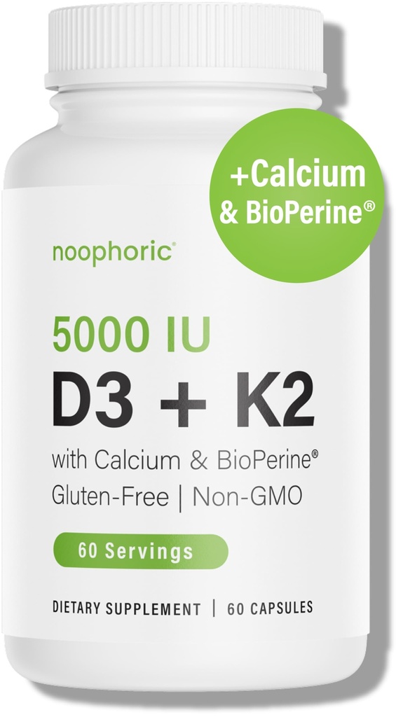 Noofooriline D3 K2 Vitamiin 5000 RÜ - Vitamiin K2 100 mcg MK7, kaltsium, bioperiin - Luude tervise ja immuunsuse tugilisand - Gluteenivaba, mitte-GMO - D3 K2 vitamiini lisand (60 serveerimist)