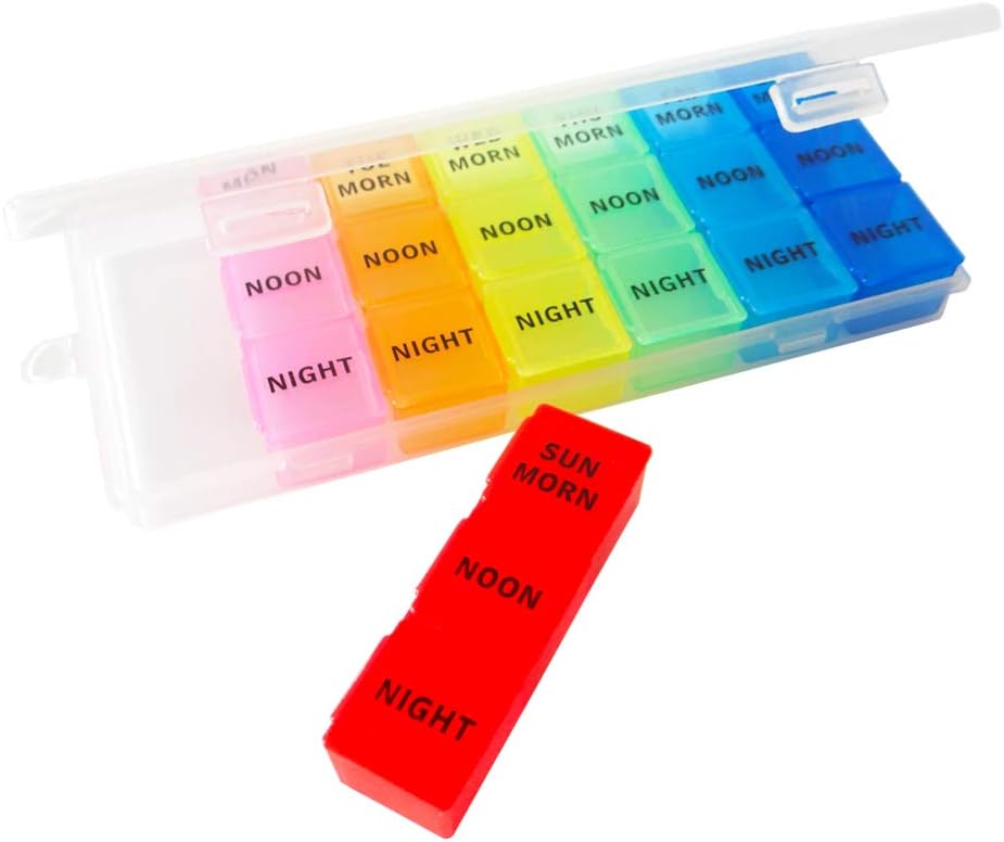 Weekly Pill Organizer, 3 Times a Day, 7-Day Pill Box, Portable Travel Prescription Pill Case Dispenser, Vitamin Fish Oil Compartments Container, Daily Calcium DHA Supplement Holder Reminder