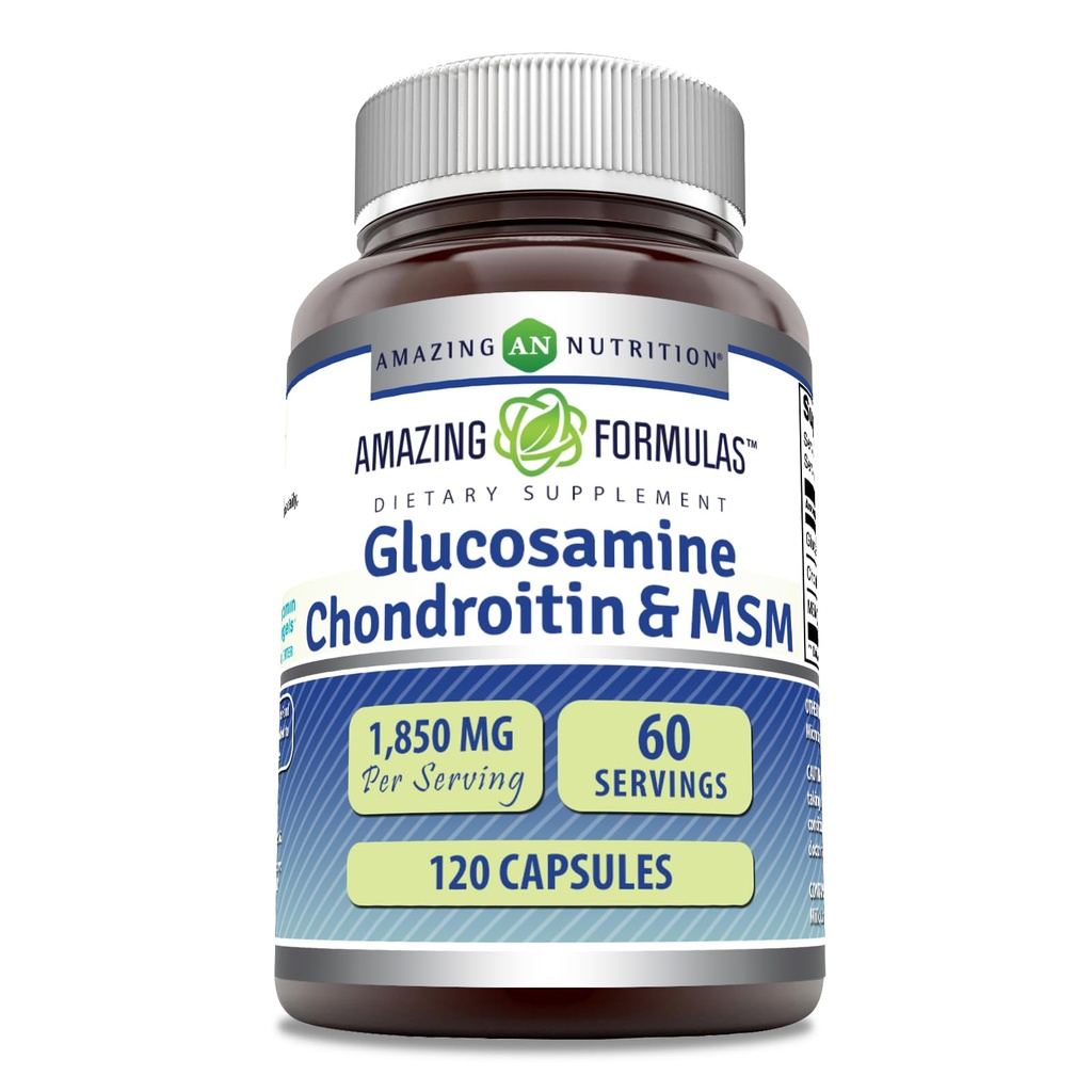 Hämmastav valem Glükosamiin Kondroitiin MSM 1850 mg ühe serveeritava kapsli kohta | Mitte-GMO | Gluteenivaba | Valmistatud USAs (120 loend)