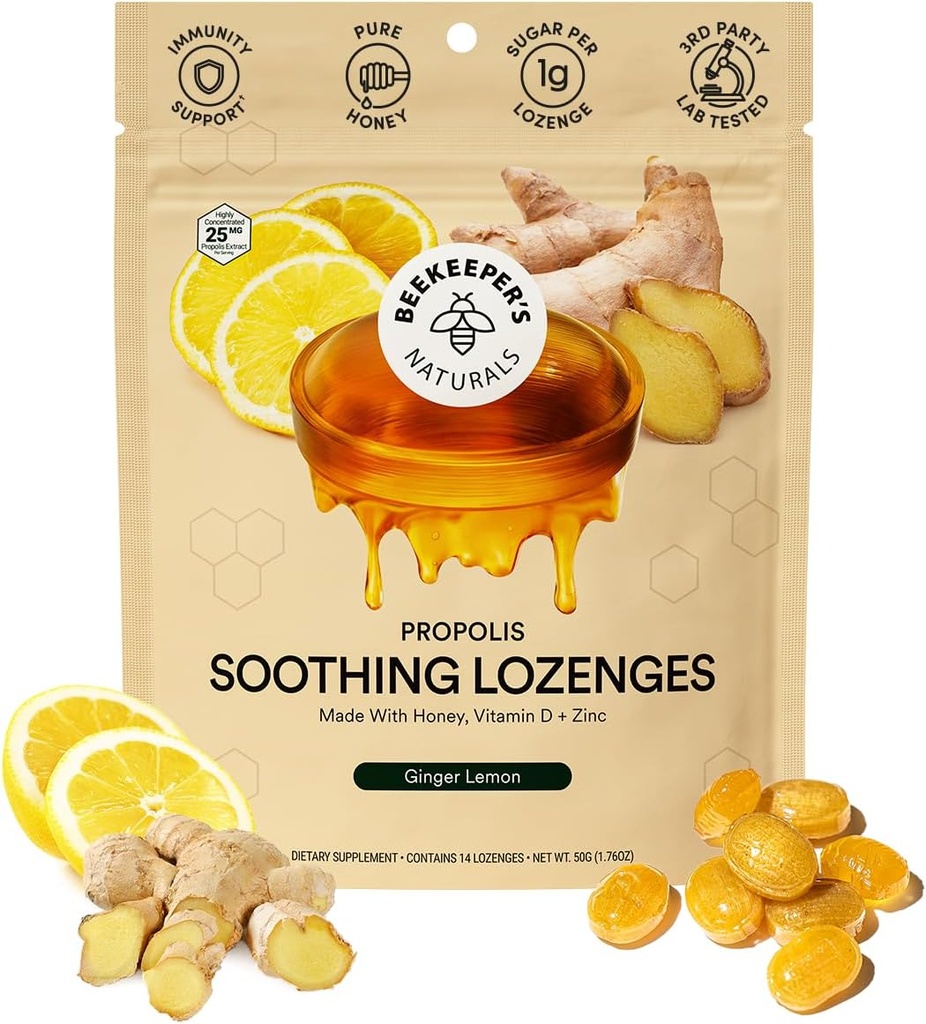 Mesiniku looduslikud rahustavad Honey Ginger Sidrun Köha tilgad - Immuuntugi D-vitamiini, Tsink ja Propolis Throat rahustav Lozenges, 14 Ct