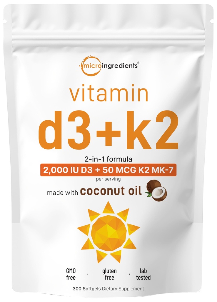 Mikrokoostisosad Vitamiin D3 2000 IU + K2 MK-7 50 mcg, 300 Softgels | Neitsi kookosõli | 2-in-1 tugi | Lihtne neelata, mitte-GMO
