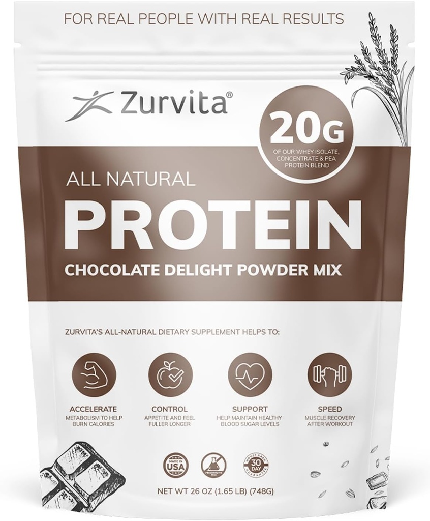 Zurvita - Chocolate Delight Protein Pulber - 20 g valku, probiootikume, 24+ vitamiine ja mineraale - ei kunstlikke magusaineid - 26oz (20 serveerimist)
