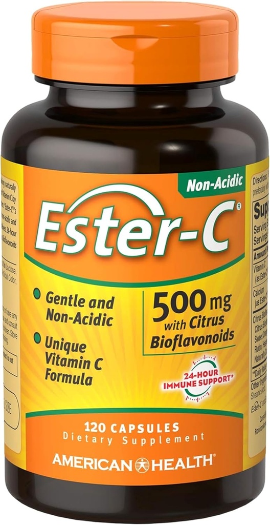American Health Ester-C koos tsitruseliste bioflavonoidide kapslitega - õrn kõhul, mitte-atsiidi vitamiin C - 500 mg, 60 serveerimist, 120 loend