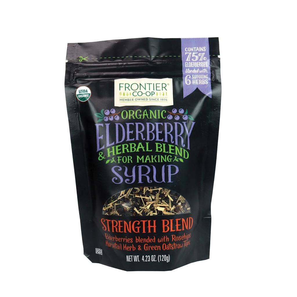 Frontier Co-op Organic Elderberry, 4.23 Ounce Bag | Kuivatatud leedrimarjad siirupi valmistamiseks | Kosher | Ideaalne tee ja taimsete segude jaoks