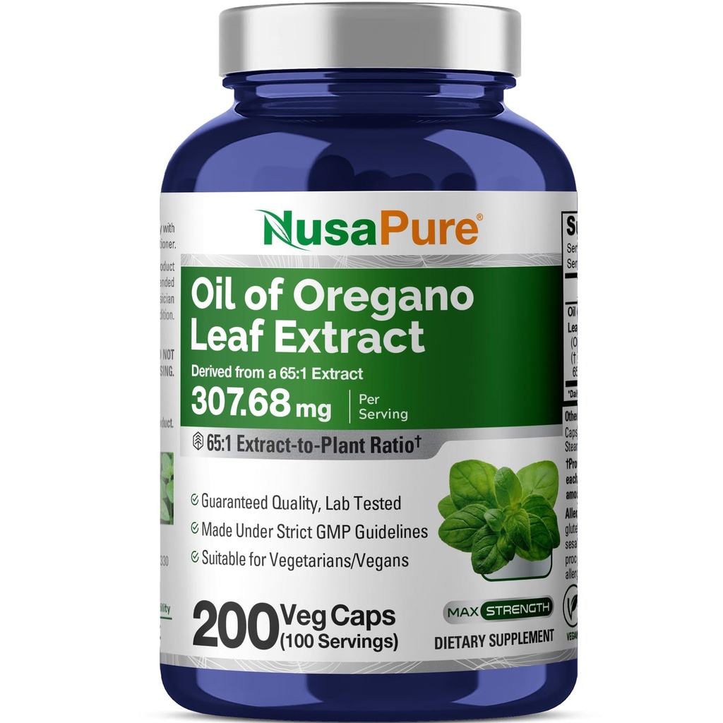 NusaPure Oregano Oil Extract 20000mg | 200 Veggie Pulber kapslid | Looduslikult esinev karvakrool | Non-GMO ja ekstrakt 65:1