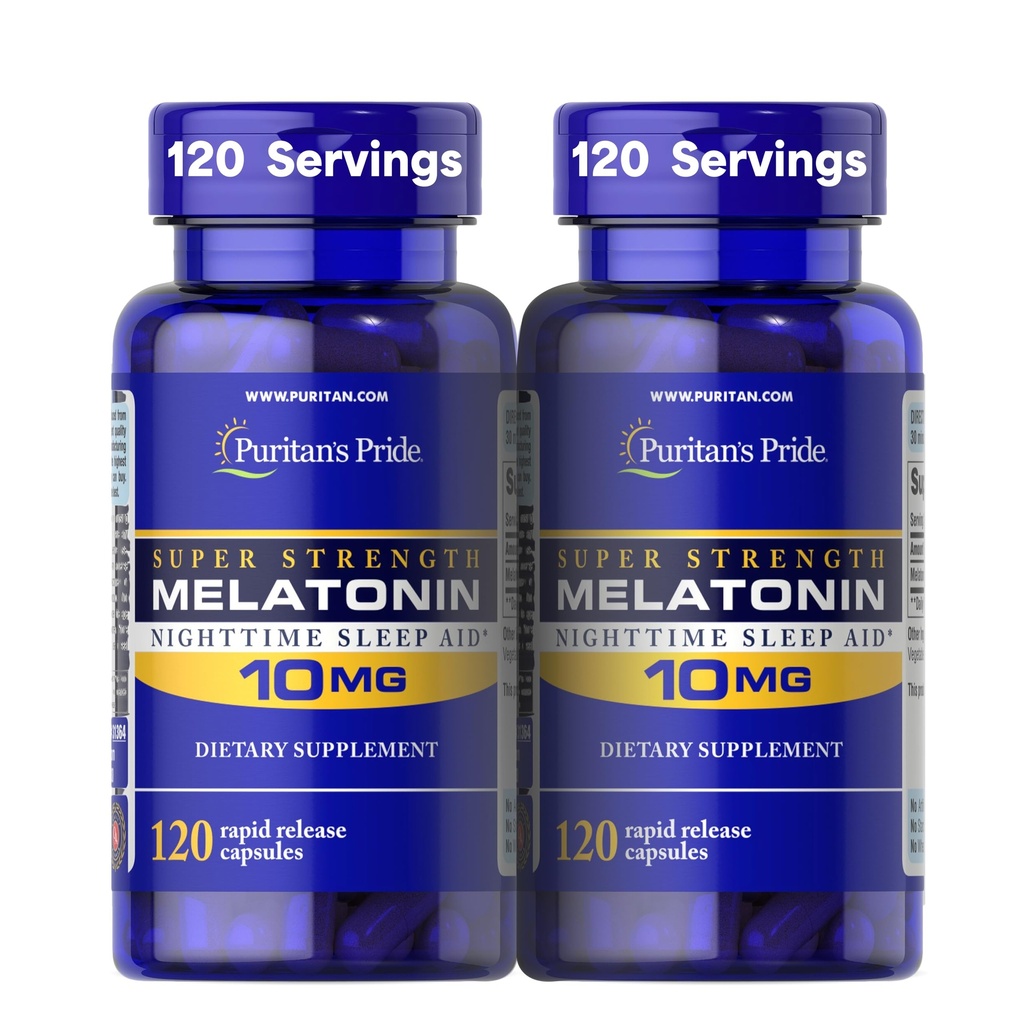 Puritan's Pride Premium Super Tugevus Melatoniin 10mg Sleep Aid, Dietary Supplement heli, puhata ja pikema une tugi, 4 kuu pakkumine, 120 kiirvabastuskapslid, 2 Pack (pakendamine võib varieeruda)