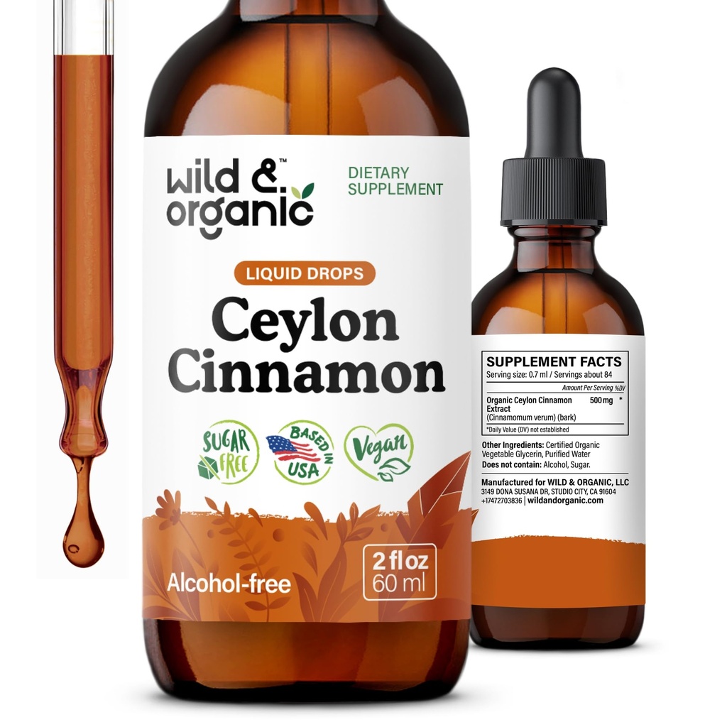 Wild & Organic Ceylon Cinnamon Supplements 500mg - Antioxidant Support - Cinnamon Extract Liquid Drops - Add to Tea Tincture - Cinnamomum Verum Bark - Unflavored, Sugar & Alcohol-Free - 2 fl oz
