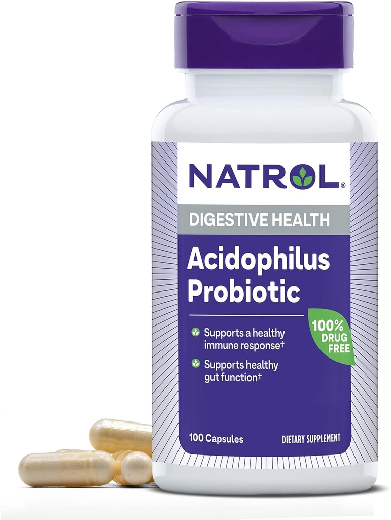 Natrol Acidophilus Probiootikum 100 mg, tervisliku soolestiku funktsiooni toidulisand, täiskasvanute seedetrakti kapslid, 100 kapslit, kuni 33 päeva pakkumine