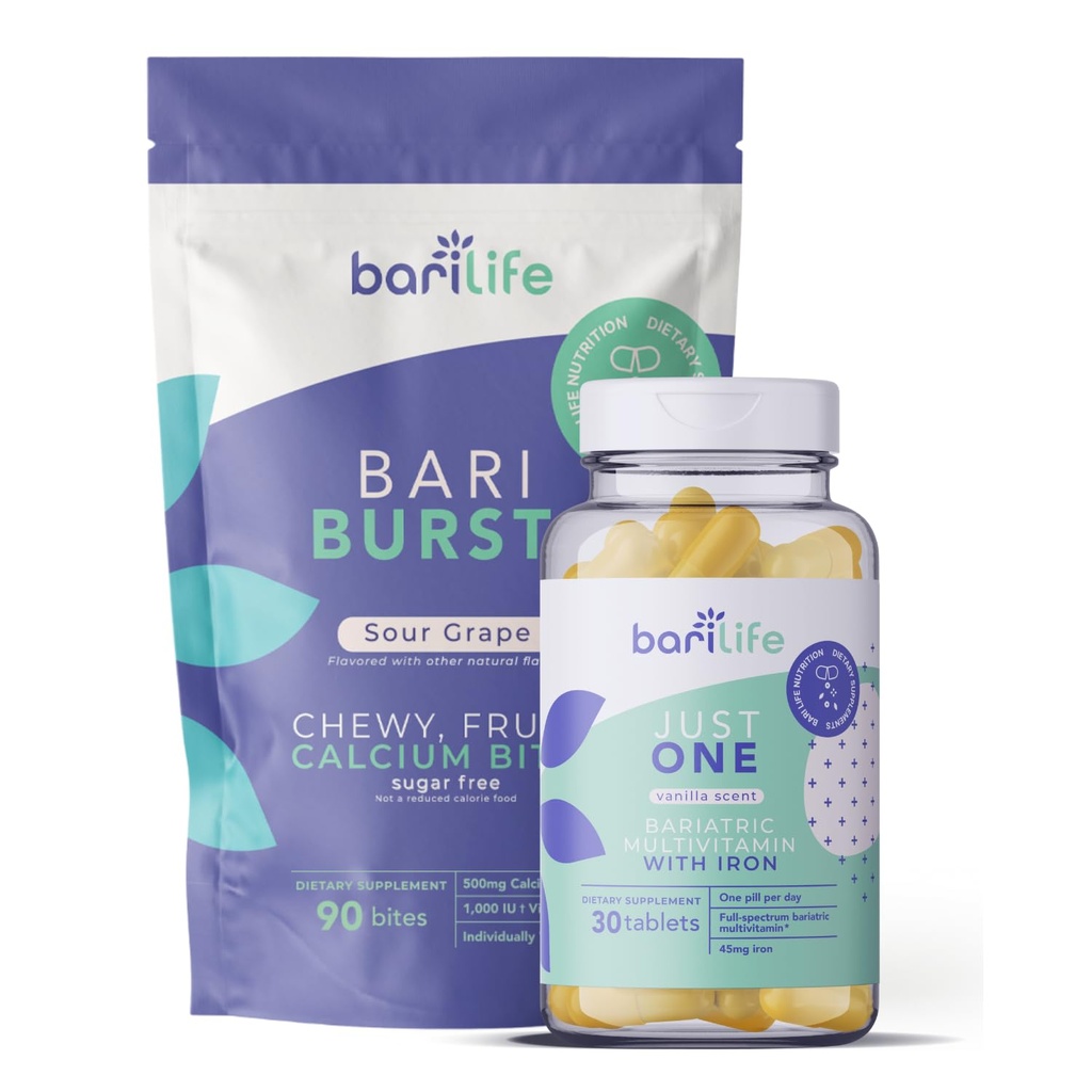 Bari Life Just One, Once Daily Bariatric Multivitamiin koos rauaga (30 tabletti) ja BariBurst Calcium Citrate pehmed närid mao möödavoolu, mao varruka ja kaksteistsõrmiksoole lüliti (hapu viinamarjad)