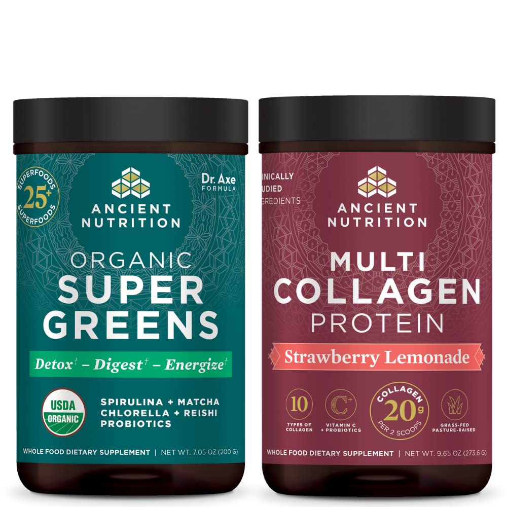 Ancient Nutrition Organic Supergreens Powder, Greens Maitse, 25 Servings + Multi-Kollageeni Valgu Pulber, Maasika Lemonaad, 24 Servings