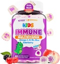 Lapsed Multivitamiin + Immune Support Gummies, Vitamiin C D3 & Tsink, Omega-3, A, E, Elderberry, Kids Vitamiinikummid tervislikuks arenguks, immuunsus, luude kasvu ja silmade tervis, suhkruvaba, 60 Ct