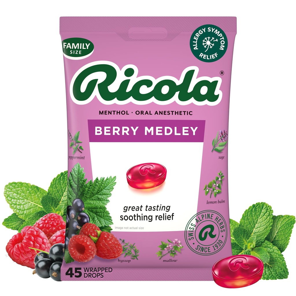 Ricola Berry Medley kurgu tilgad, 45 krahv, maitsev kurgutõrje ja hooldus, suukaudne anesteetikum, loomulikult maitsestatud