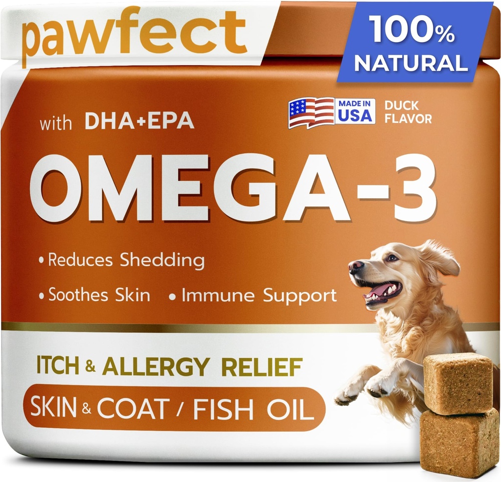 PAWFECTCHEW Fish Oil Omega 3 koertele - Allergy Relief - Joint Health - Itch Relief, Shedding - Skin and Coat Supplement - Alaskan Salmon Oil Chews - Omega 3 6 9 - EPA & DHA rasvhapped