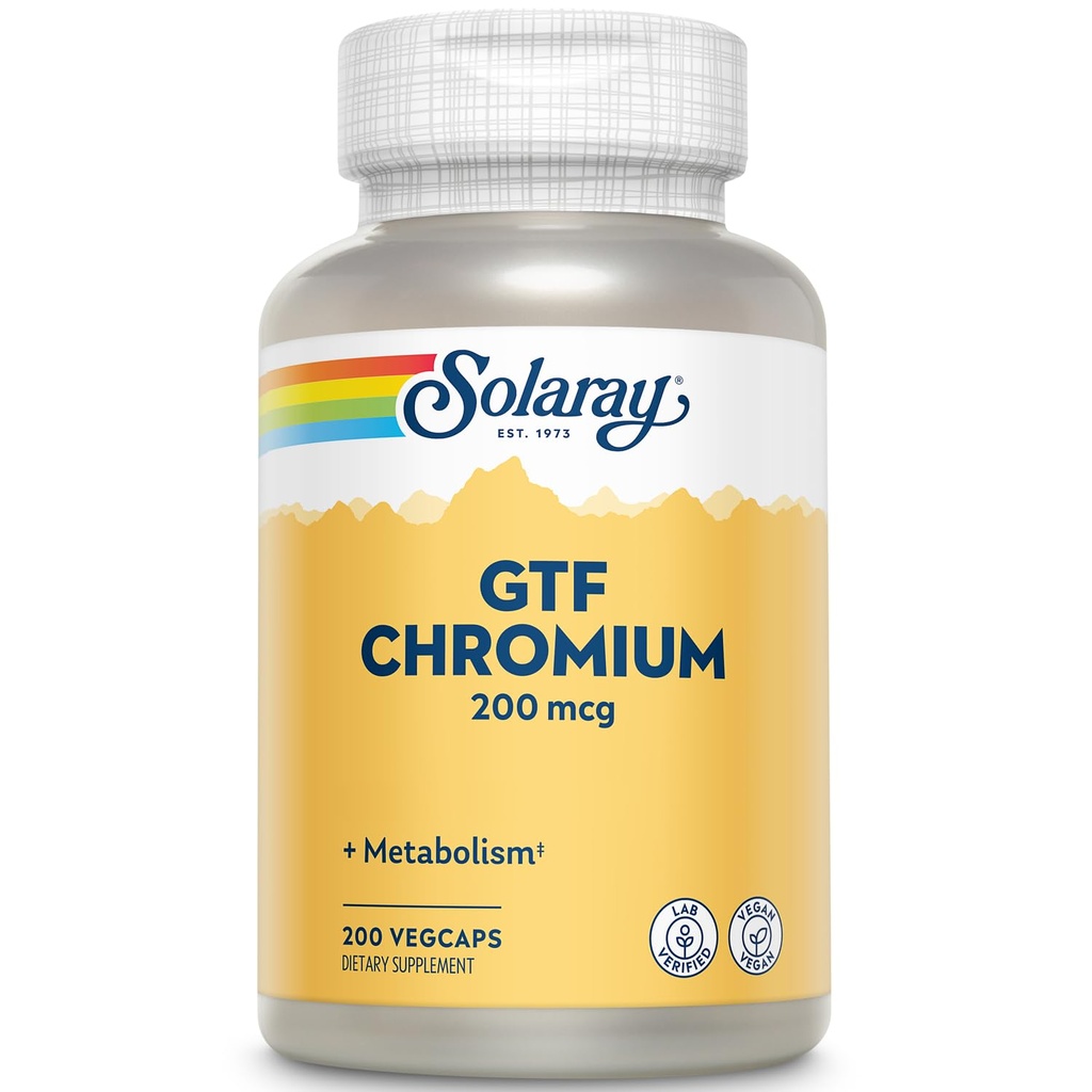 Solaray GTF Chromium 200mcg - puhas kroom GTF 200 mcg täiendus, toetab ainevahetust funktsiooni ja kogu keha tervist meestele ja naistele - 200 vegankapslit