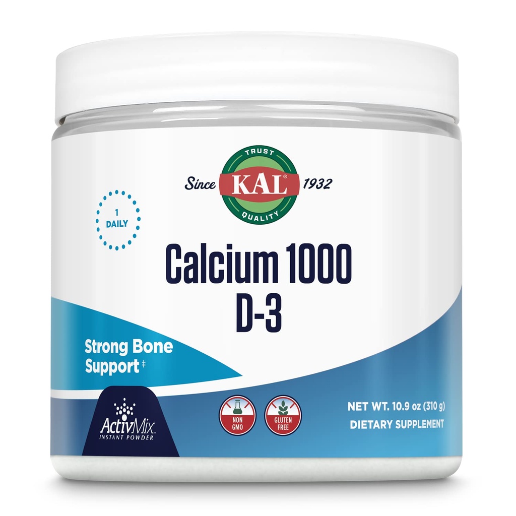 KAL Kaltsium Vitamiin D-3 ActivMix, pulbri kaltsiumilisand, biosaadav kaltsiumlaktaat ja glükonaat, luu tervise tugi, maitsestamata, mitte-GMO, gluteenivaba, 60-päevane garantii, 31 Servings, 10,9 oz