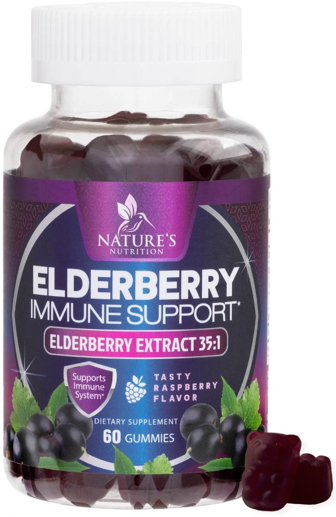 Elderberry Immune Support Gummies - Super kontsentreeritud 35: 1 ekstrakt, mis vastab 4200mg Elderberries - Sambucus Black Elder Berry vitamiinilisa, igapäevane tugi lastele ja täiskasvanutele - 60 Gummies