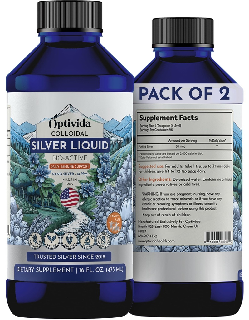 Optivida Health Colloidal Silver Liquid (2 Pack) – Premium Nano Hõbe Kolloidne Täiendus Päevase Tervise Ja Immuunsüsteemi Toetamiseks, Natural Vedel Hõbe Hüdrosool Täiskasvanutele Ja Lastele, Mitte-GMO, Gluteenivaba