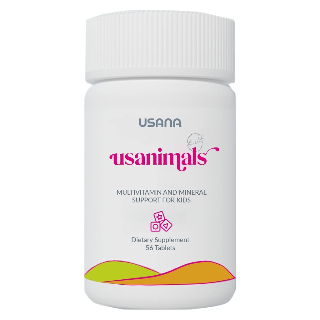 USANA Usanimals Multivitamiin lastele - igapäevased närimistabletid vitamiinidega A, C, D, E, B6, B12, tsink, raud - toetab immuunsüsteemi, luu ja aju tervist - olulised toitained vanuses 2-12 - 56 tabletti