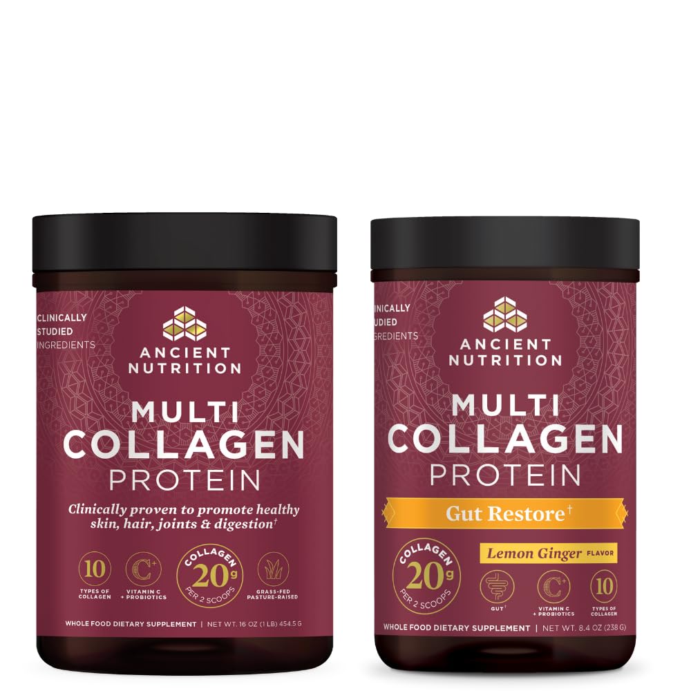 Ancient Nutrition Multi kollageeni valgu pulber, maitsestamata, 45 serveerimist + Multi kollageeni valgu pulber, soolestiku taastamine, 20 serveerimist