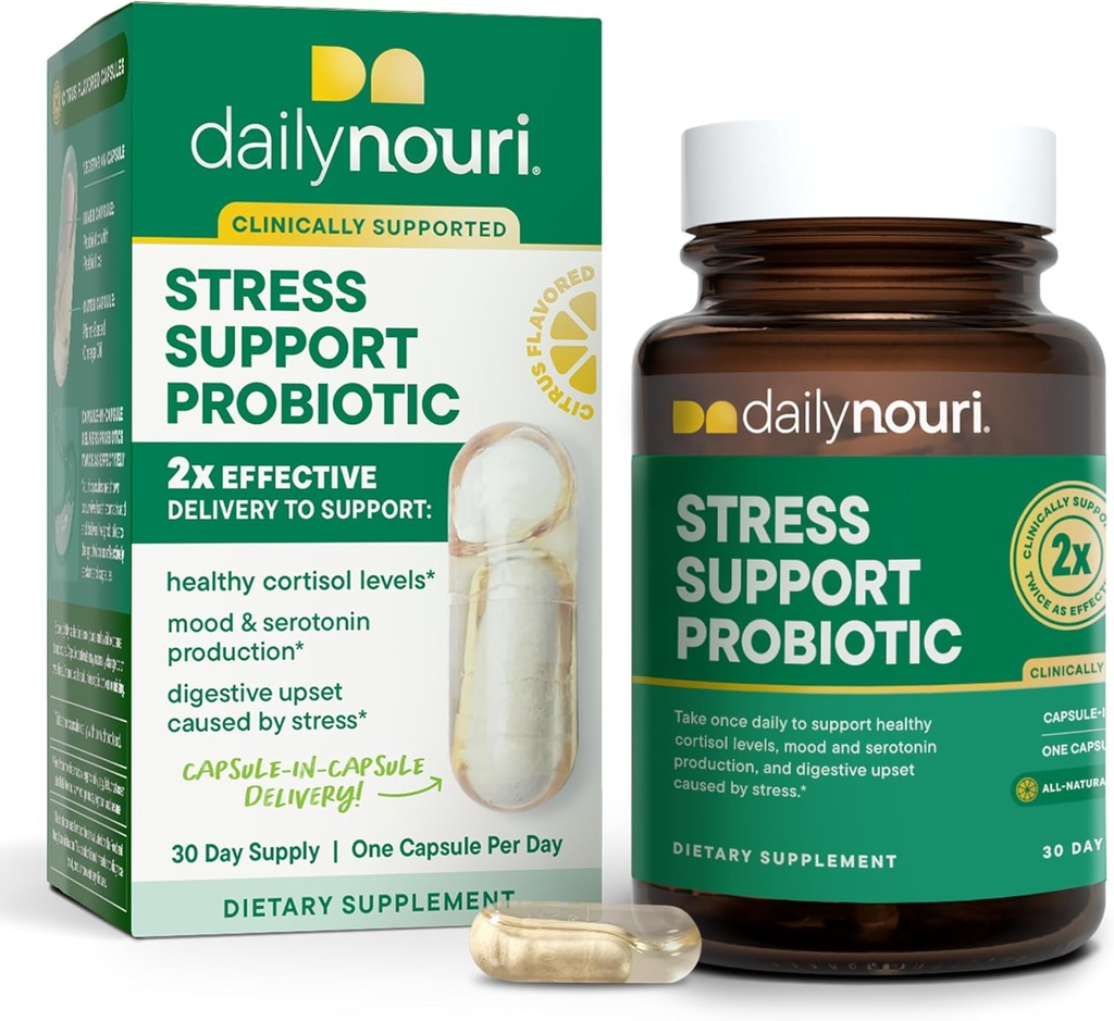 Daily Nouri Stress Support Probiotic for Women & Men | Supports Cortisol Management, Stress Relief, Mood, Digestion & Gut Health | 3 Clinically Studied Strains + Vegan Omega Oil | 30-Day Supply