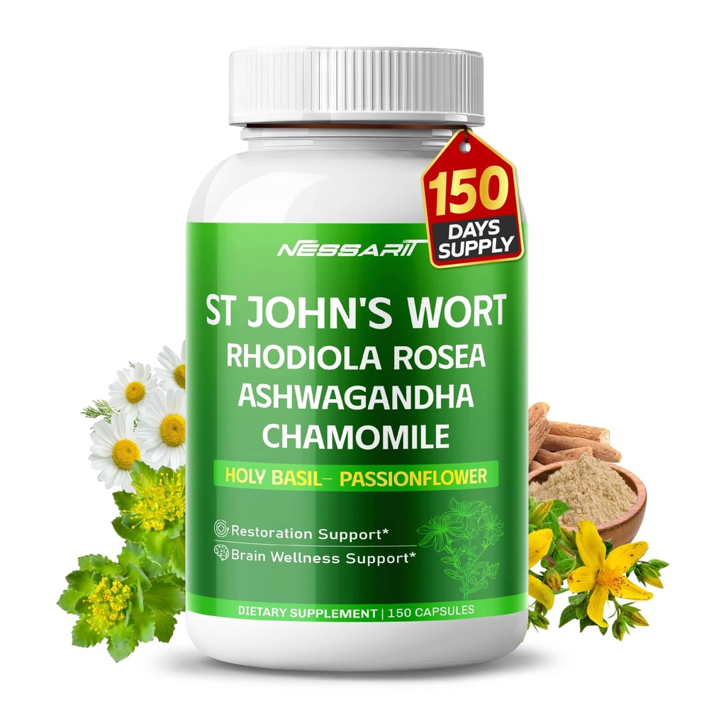 ST John's Wort 14-in-1 looduslik segu Rhodiola Ashwagandha Chamomile Püha basiilik L-Theanine Valerian Passionflower - 150 Count - valmistatud ja testitud USA-s