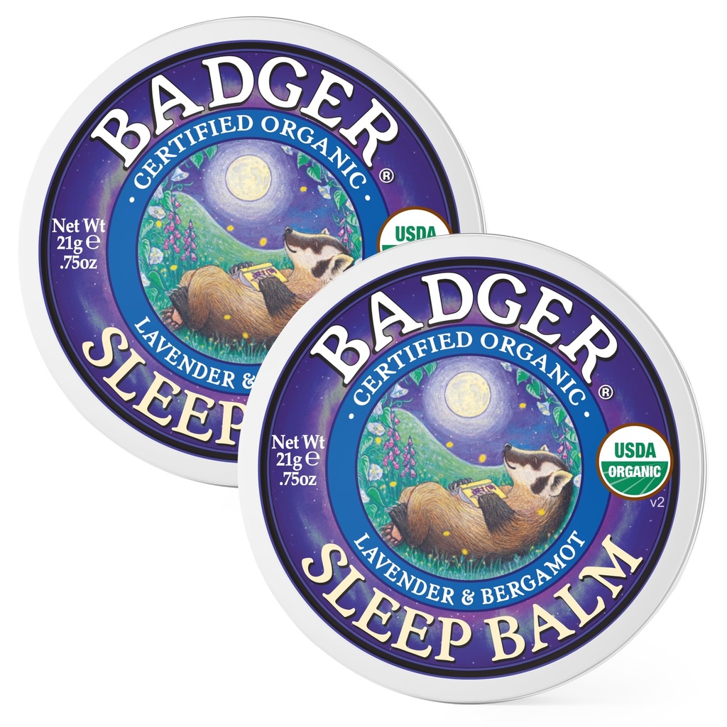 Badger Sleep Balm, Organic Eeterlik õli Aromatherapy Natural Sleep Balm täiskasvanutele ja lastele, Lõõgastav ja rahustav Lavendel & Bergamot Natural Sleep Support, .75 oz Tin, 2-Pack