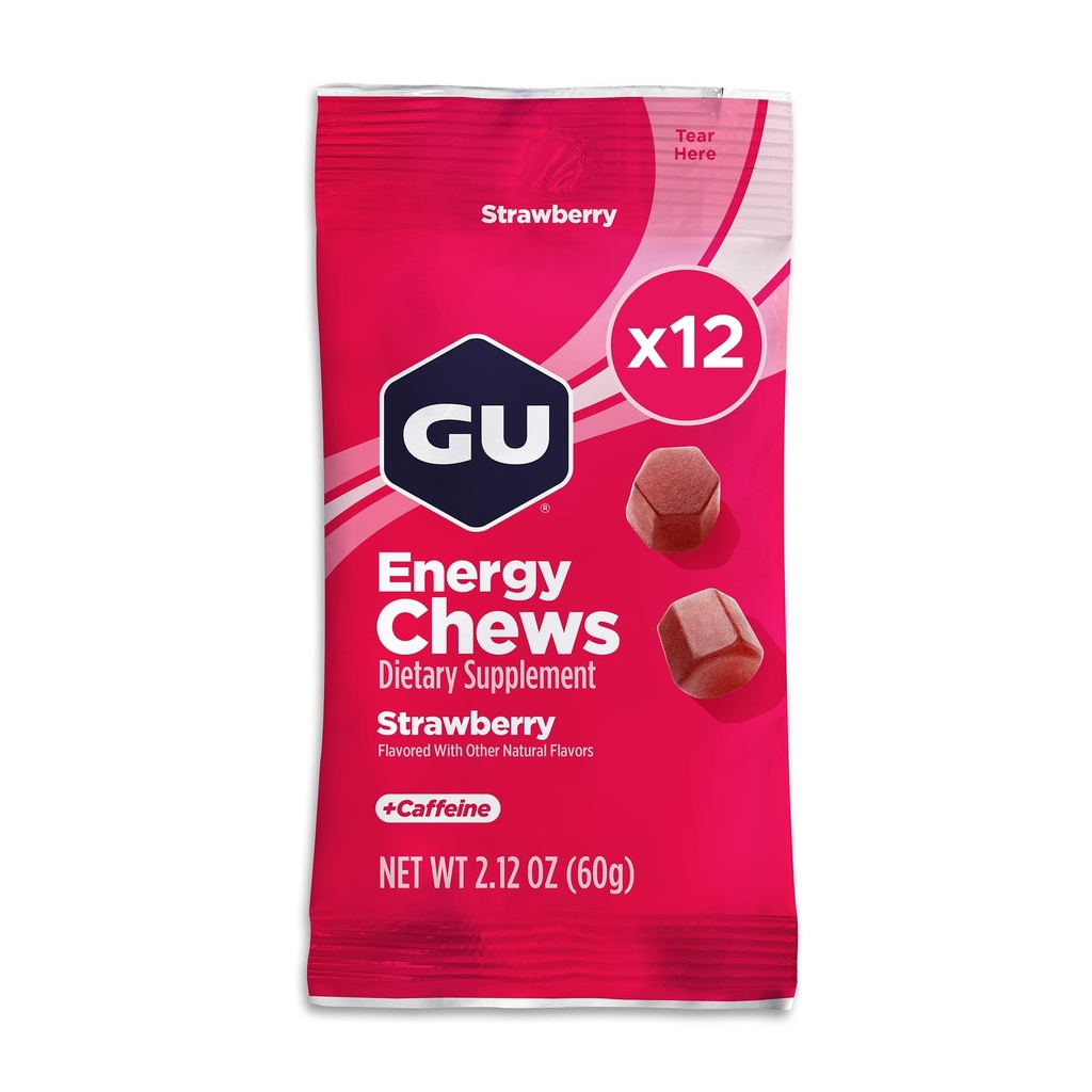 GU Energy Chews, Maasika energia Gummies koos elektrolüütidega, Vegan, Gluteenivaba, Kosher, 20 mg kofeiini ja piimatoodete tasuta on-the-Go energia iga treeningu jaoks, 12 kotti (24 teenindust kokku)