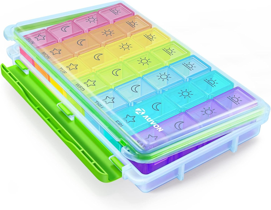 AUVON iMedassist Niiskus-Proof Weekly Pill Organizer 4 korda päevas, suur 7-päevane Pill Box kaasas reisimiseks koos eemaldatavate üksikute pillide konteinerid hoida vitamiine, toidulisandeid ja ravimeid