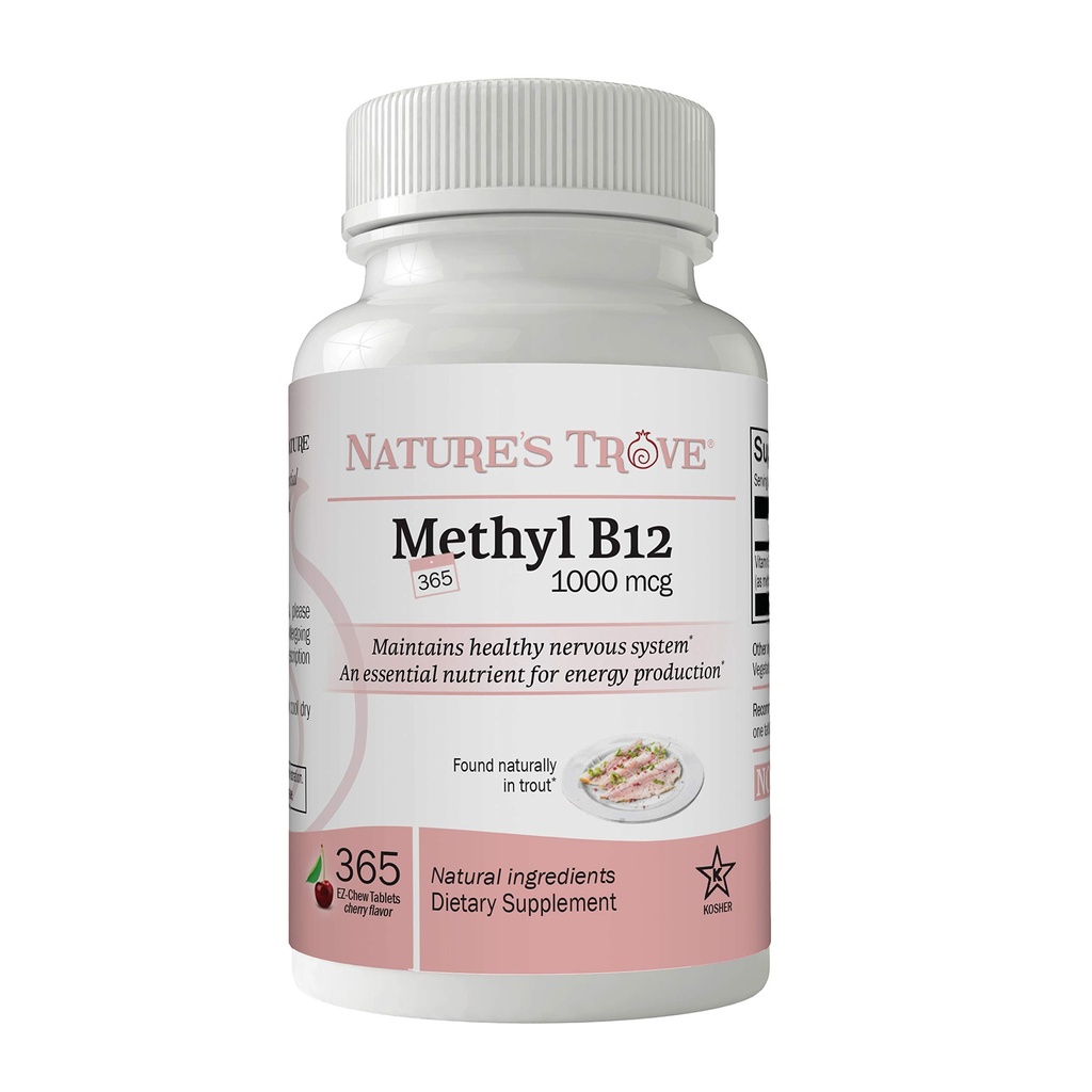 Nature's Trove Vitamiin B12 Metüülkobalamiin 1000 mcg, 365 Count, B12 närimistable Vitamiinid, Kirsimaitse