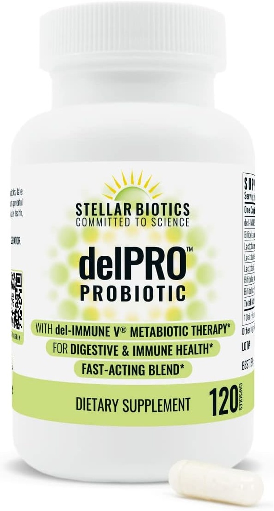 Del-Immune V® + Delpro probiootikum ja prebiootikum Blend by Stellar Biotics - edendab optimaalset soolestiku tervist, seedimist, immuunsust ja meeleolu (120 kapslit)
