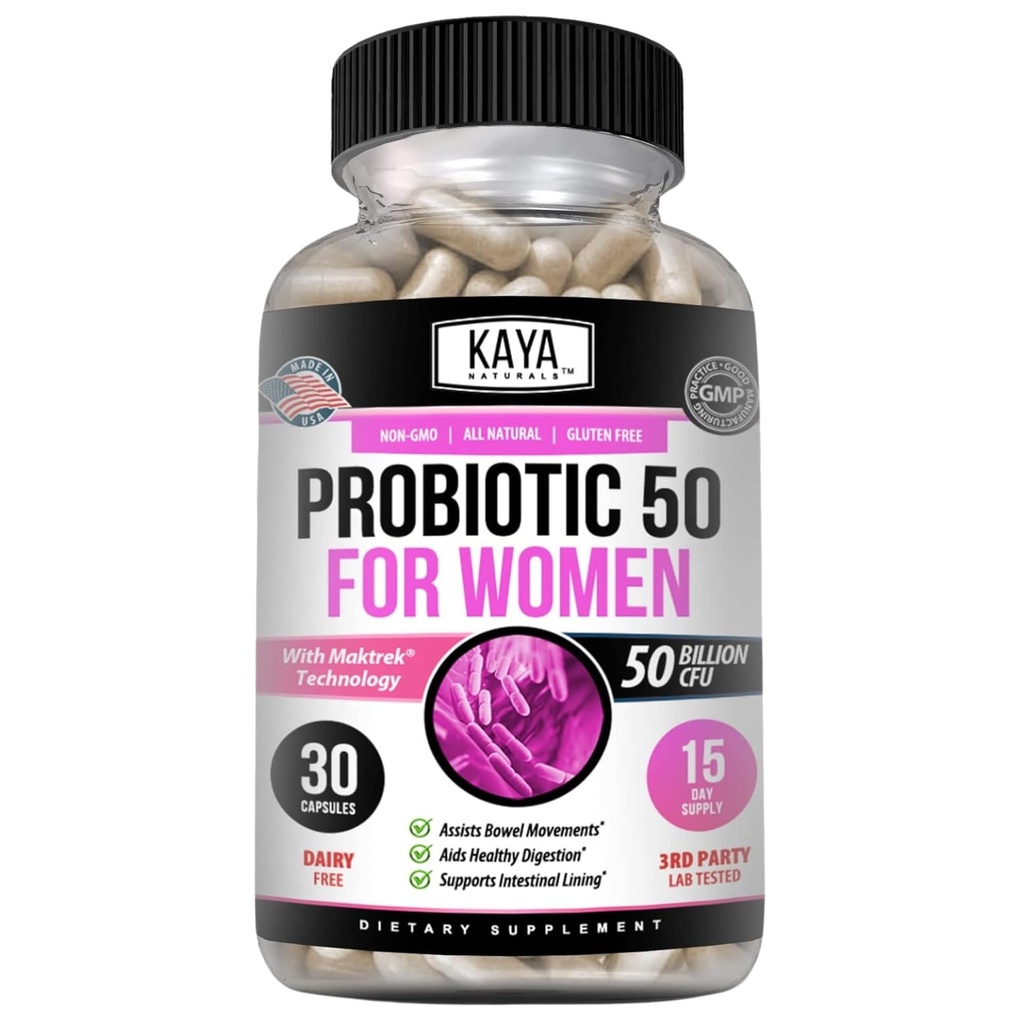 Kaya Naturals Probiootikum 50 miljardit CFU - probiootikumid naistele, probiootikumid meestele ja täiskasvanutele, looduslik - soolestiku tervise ja immuunsuse tugi - pakub seedetrakti tuge - 30 köögiviljakapslit