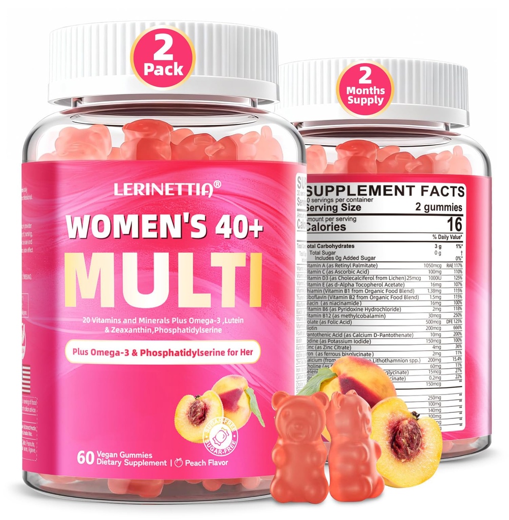 Multivitamiin naistele Gummies 40+ omega-3, niatsiinamiidi, B-kompleksi, luteiini, raua, koliini, fosfatidüülseriini, D3-vitamiini nahale, juustele, energiale, immuunsusele, luudele - veganile, suhkruvabale, 120Ct-le