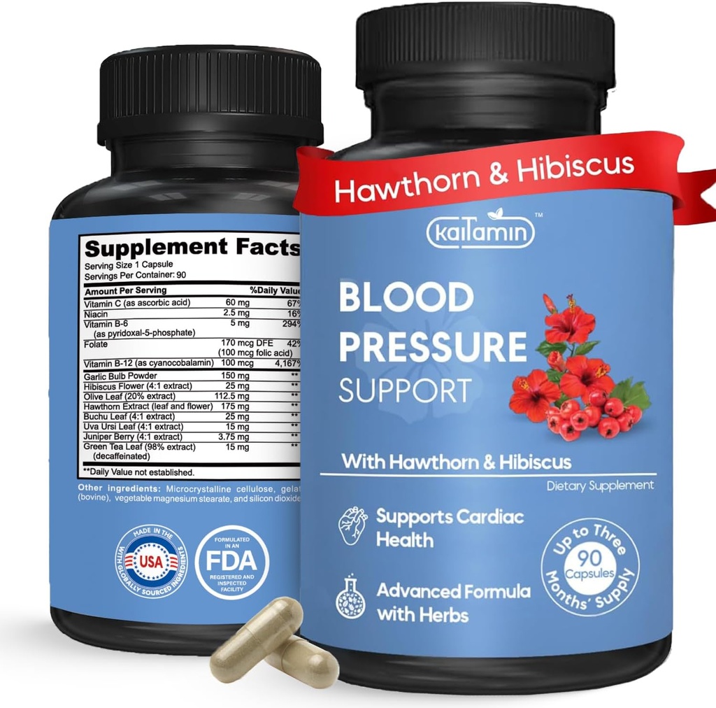 Vererõhu tugilisa - Natural Hawthorn, Hibiscus, küüslauk ja oliivilehe - südame tervise ja ringluse toetamine - B12, B6 - Vegan, mitte-GMO - 90 kapslit (3-kuuline pakkumine)