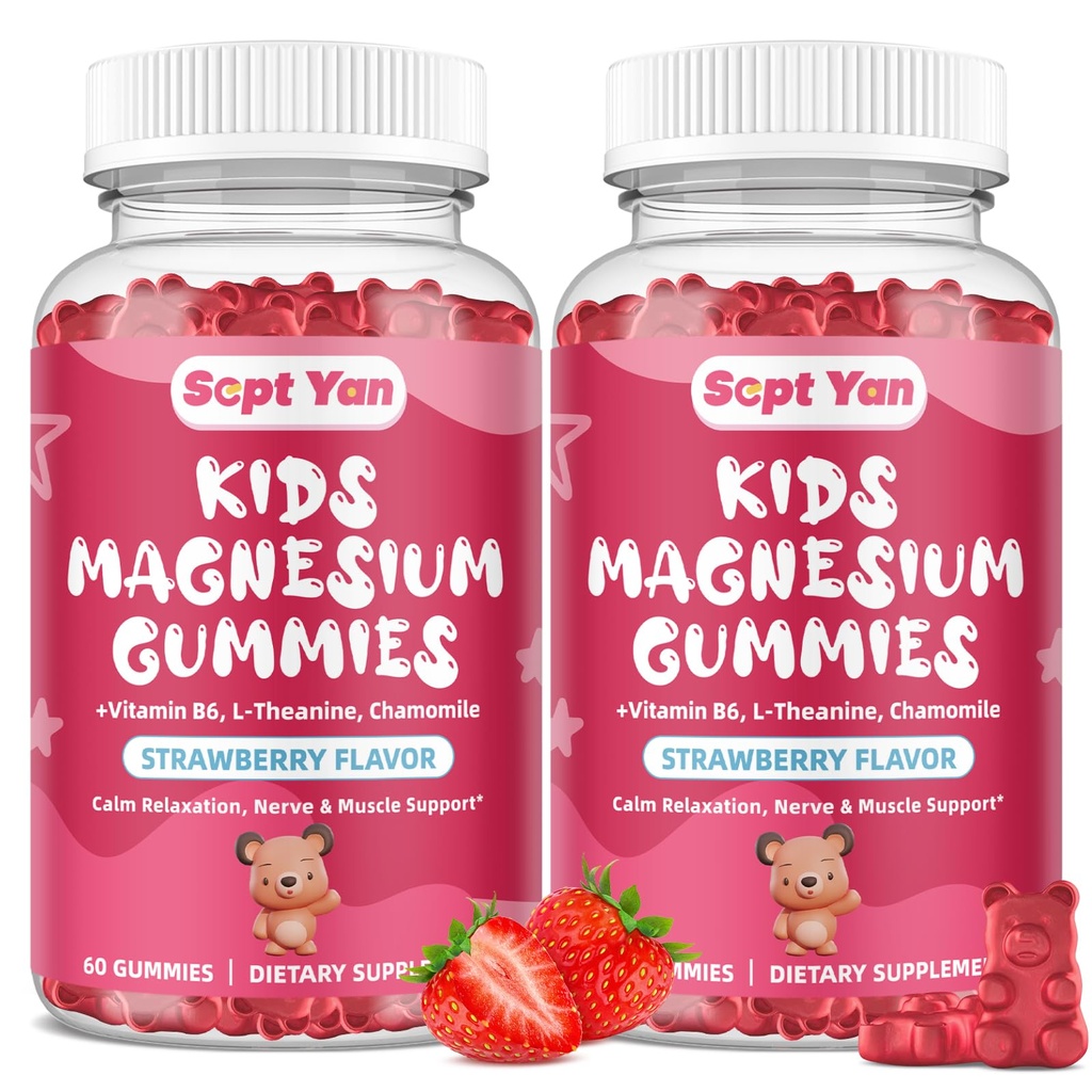 (2 Pack) Magneesiumkummid lastele - magneesiumtsitraadi lisand B6-vitamiiniga, L-teaniiniga, kummeliga ja sidrunipalsamiga - rahulik magneesium lastele ja täiskasvanutele Magamine, lõdvestumine - maasikas, 120 Gummies